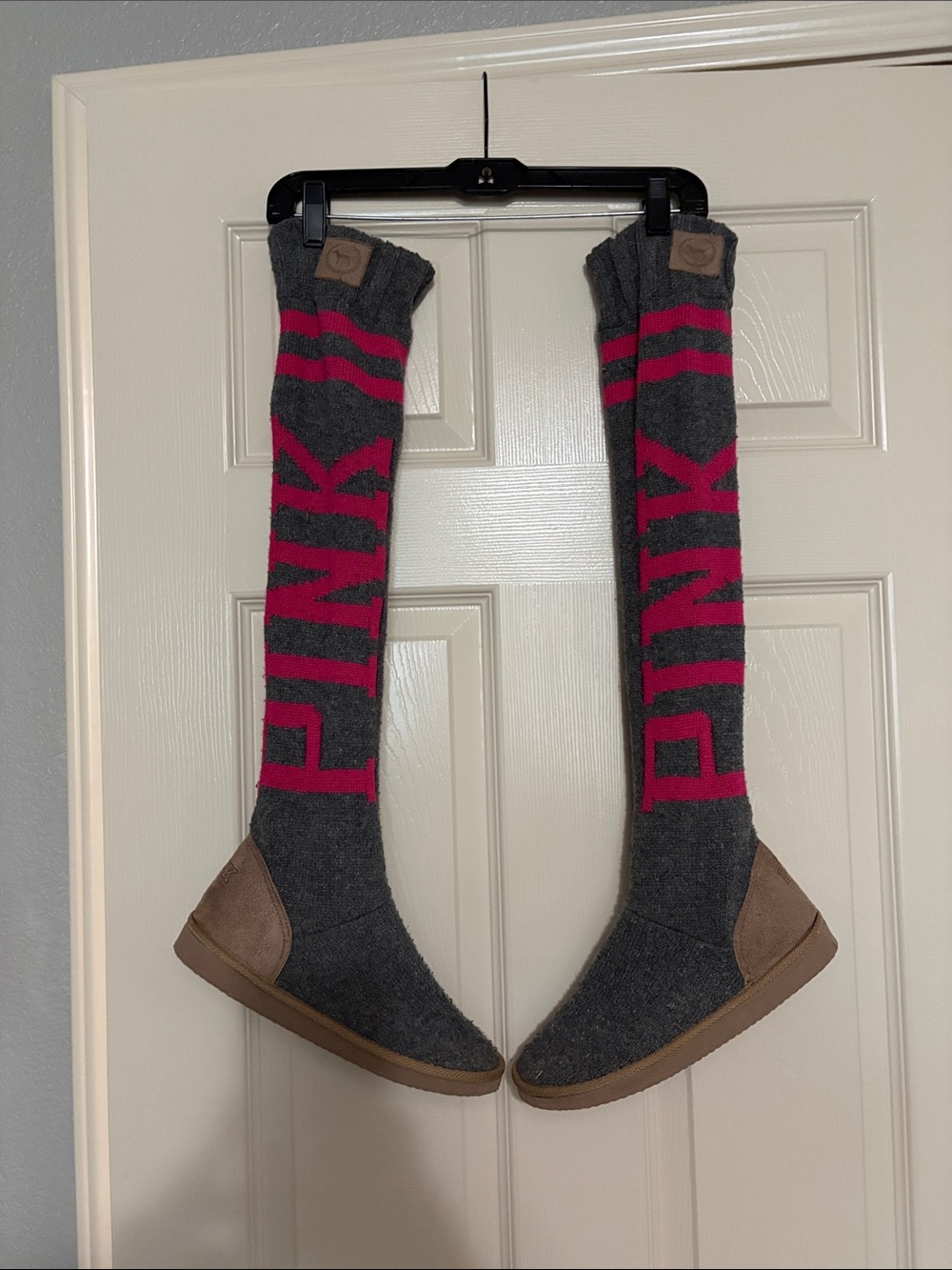 Over-the-Knee Gray & Pink Knit Boot Socks with Suede Foot